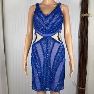 Royal blue sequin mesh bodycon dress with sheer illusion cutouts